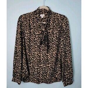 J CREW Leopard Print Blouse Womens S 4 6 Tie Neck Brown Black Long Sleeve Office